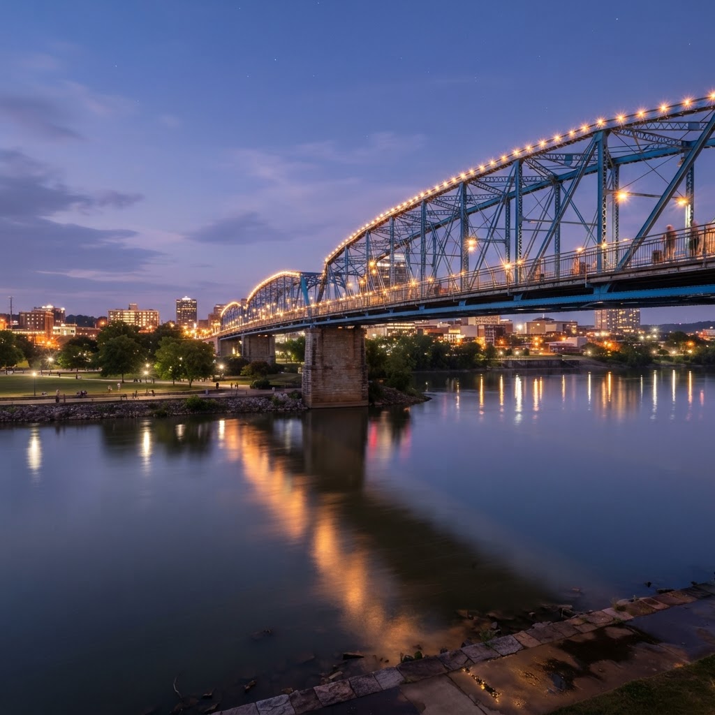 Long exposure of the Walnut Street Bridge in Chattanooga by LowKei Photography — a Chattanooga photographer working the Tennessee River at dusk.