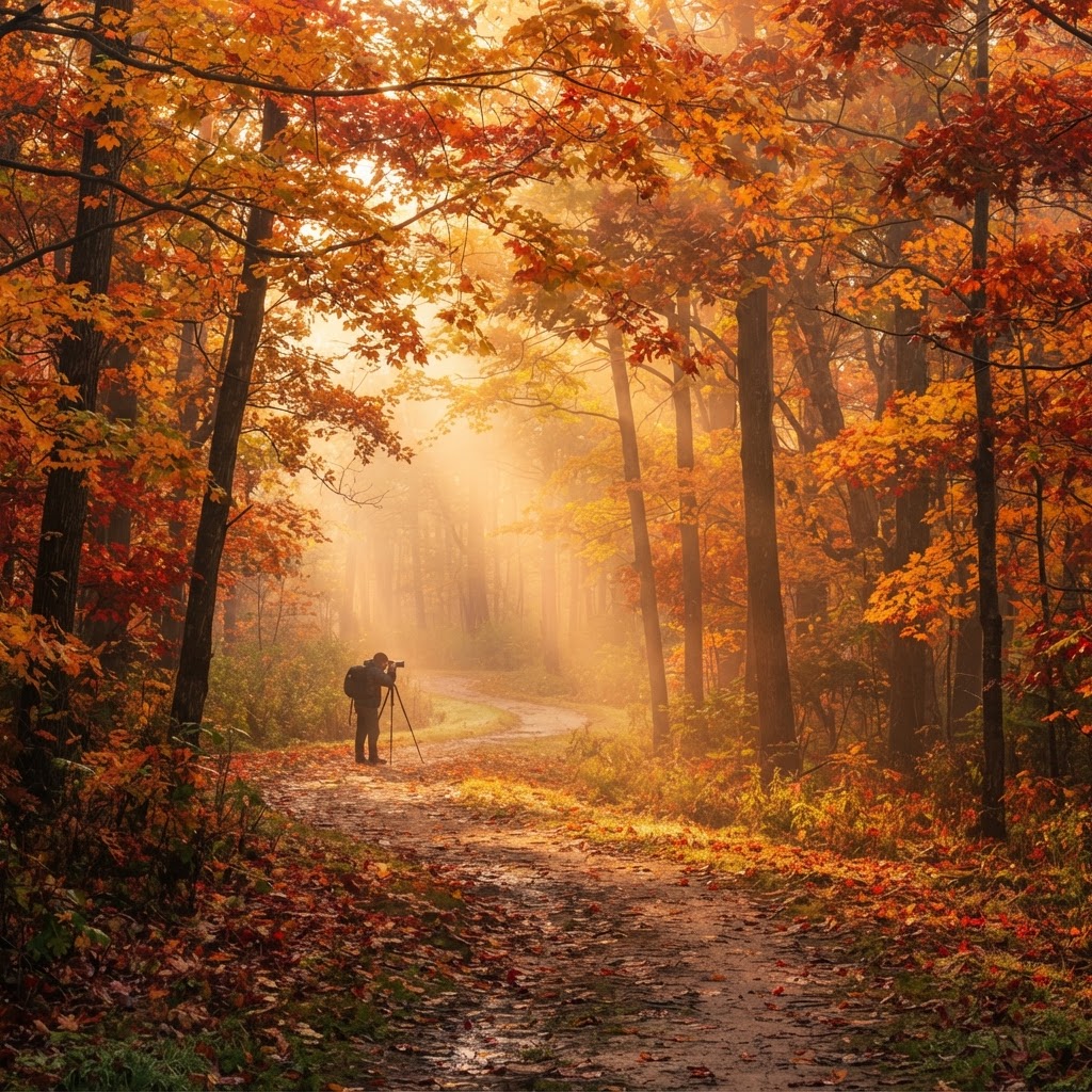 Autumn photography tips: backlit fall leaves glowing along a forest trail at golden hour