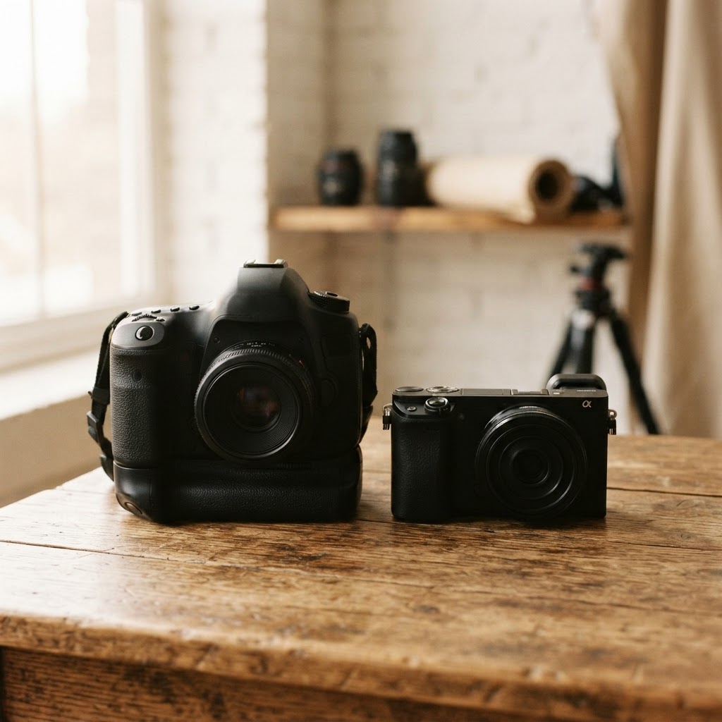 DSLR vs mirrorless cameras compared side by side on a wooden table.
