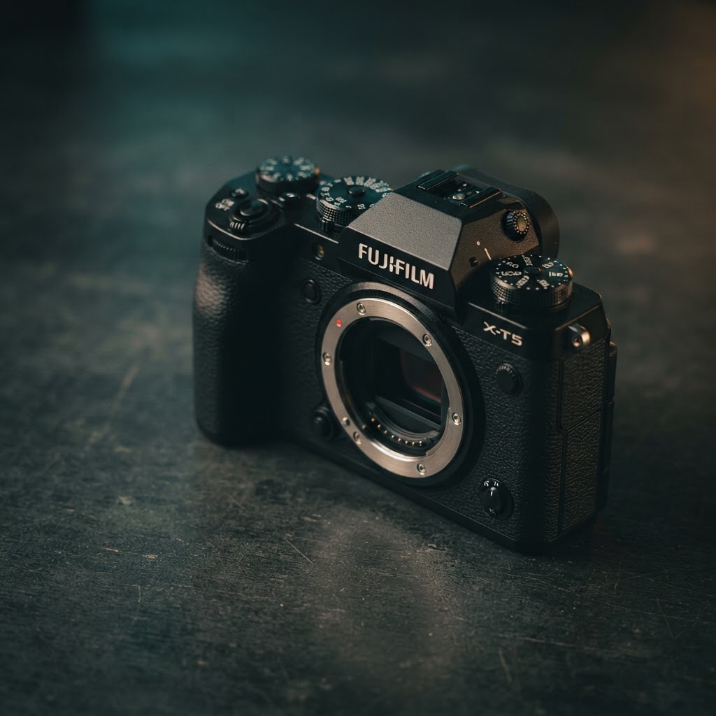 Mirrorless camera guide: a modern mirrorless camera body on a dark surface with dramatic studio lighting