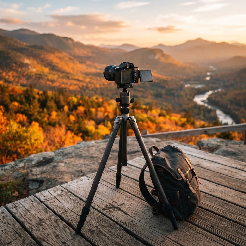 Travel tripod holding a mirrorless camera at a scenic overlook, compared against a standard tripod.